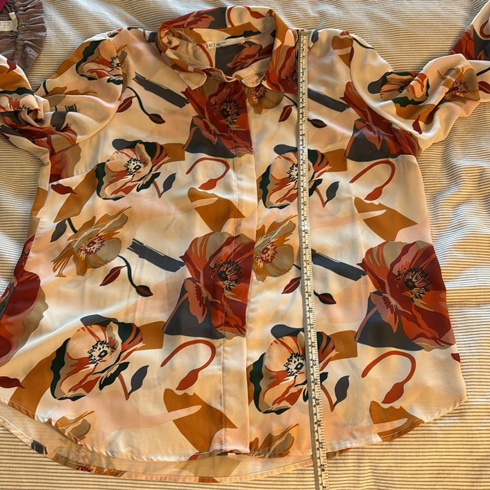 CLEO Floral Print Women's Top relaxed fit crepe blouse button up cream brown XL - Picture 13 of 14